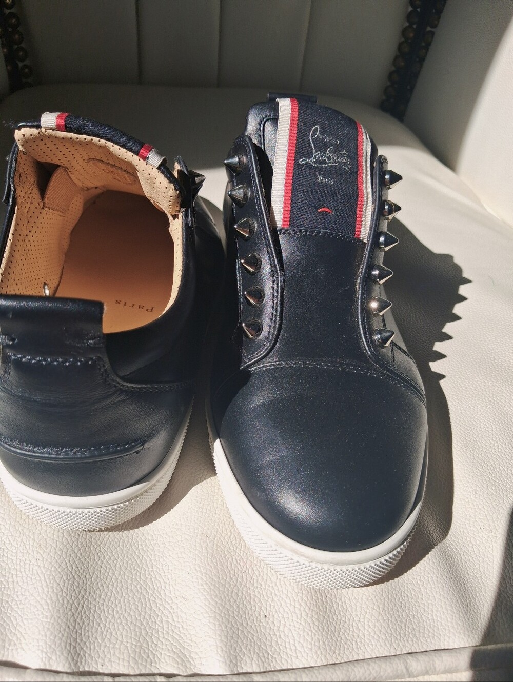 Christian Louboutin Black Leather Studded Slip-On Shoes - Picture 3 of 8